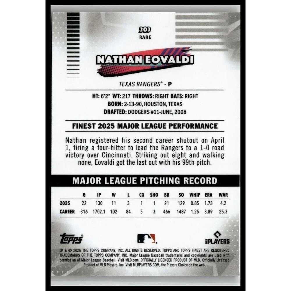 2026 Topps Finest Nathan Eovaldi 203 Texas Rangers Uncommon